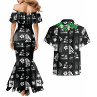 Aloha Hawaii Tuberose Lei Couples Matching Mermaid Dress and Hawaiian Shirt Tropical Vibes Black Color - Polynesian Pride