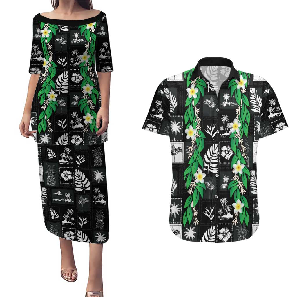 Aloha Hawaii Tuberose Lei Couples Matching Puletasi and Hawaiian Shirt Tropical Vibes Black Color - Polynesian Pride
