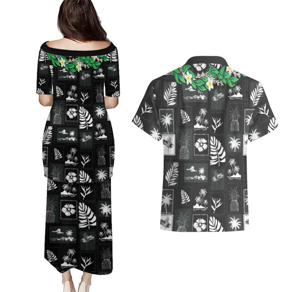 Aloha Hawaii Tuberose Lei Couples Matching Puletasi and Hawaiian Shirt Tropical Vibes Black Color - Polynesian Pride