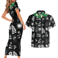 Aloha Hawaii Tuberose Lei Couples Matching Short Sleeve Bodycon Dress and Hawaiian Shirt Tropical Vibes Black Color LT14 - Polynesian Pride