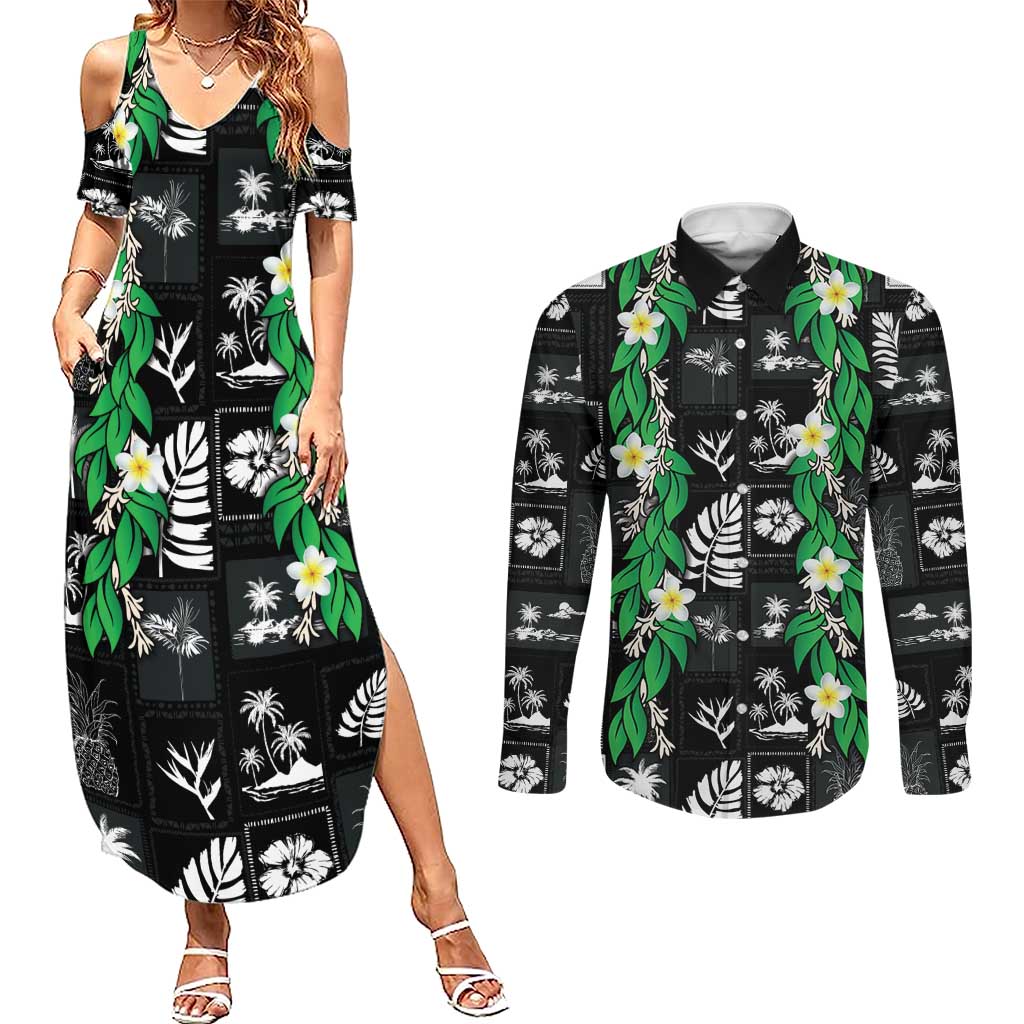 Aloha Hawaii Tuberose Lei Couples Matching Summer Maxi Dress and Long Sleeve Button Shirt Tropical Vibes Black Color - Polynesian Pride
