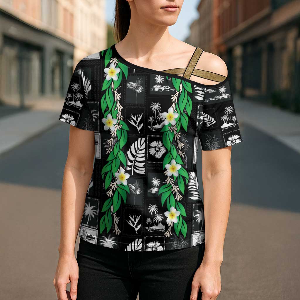 Aloha Hawaii Tuberose Lei Cross Shoulder Shirt Tropical Vibes Black Color - Polynesian Pride