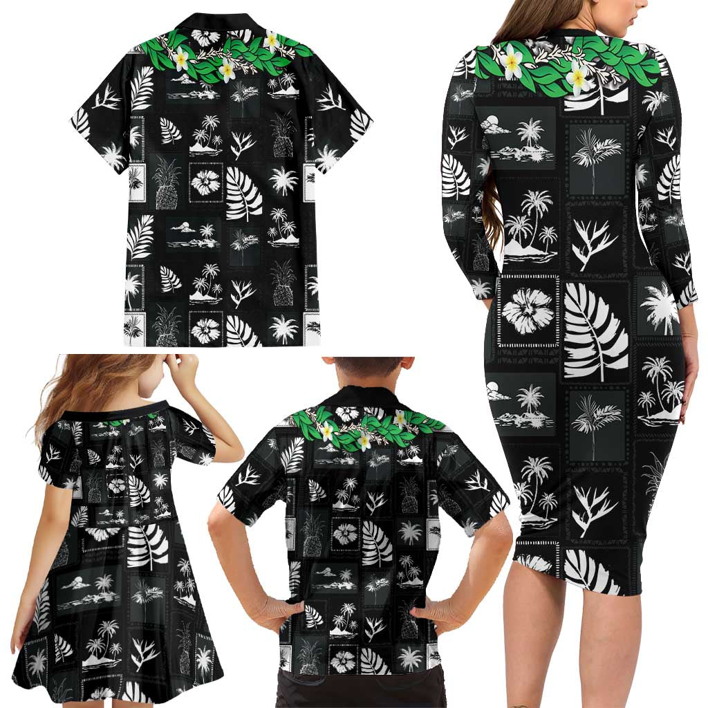 Aloha Hawaii Tuberose Lei Family Matching Long Sleeve Bodycon Dress and Hawaiian Shirt Tropical Vibes Black Color LT14 - Polynesian Pride