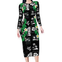 Aloha Hawaii Tuberose Lei Family Matching Long Sleeve Bodycon Dress and Hawaiian Shirt Tropical Vibes Black Color LT14 Black - Polynesian Pride