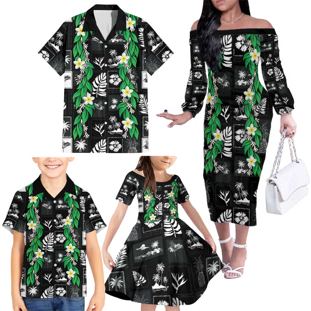 Aloha Hawaii Tuberose Lei Family Matching Off The Shoulder Long Sleeve Dress and Hawaiian Shirt Tropical Vibes Black Color LT14 - Polynesian Pride