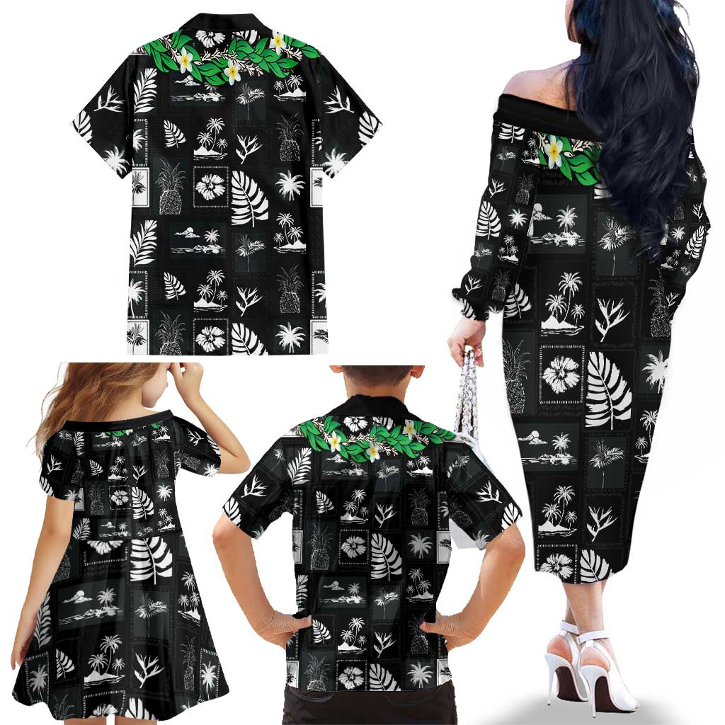 Aloha Hawaii Tuberose Lei Family Matching Off The Shoulder Long Sleeve Dress and Hawaiian Shirt Tropical Vibes Black Color LT14 - Polynesian Pride