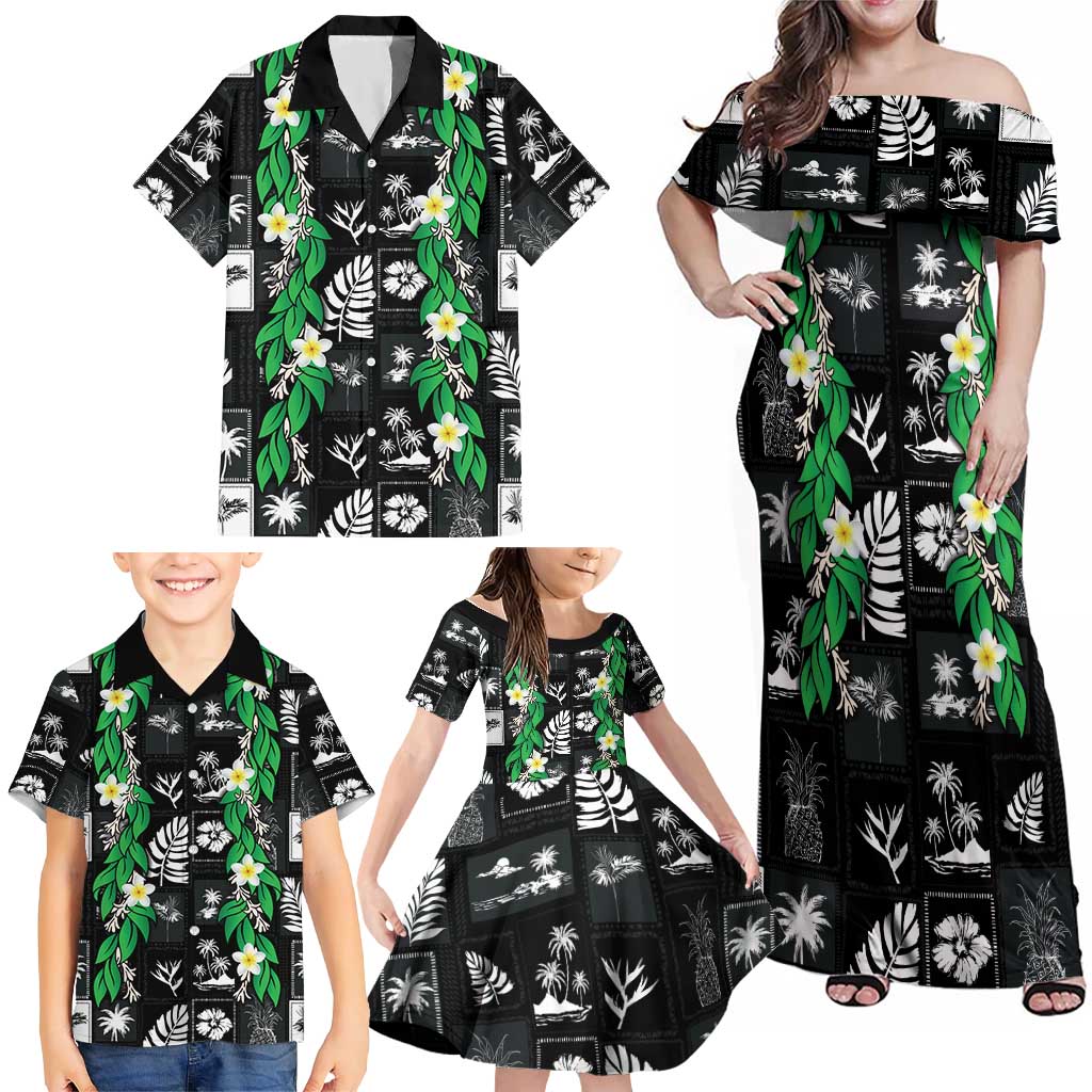 Aloha Hawaii Tuberose Lei Family Matching Off Shoulder Maxi Dress and Hawaiian Shirt Tropical Vibes Black Color LT14 - Polynesian Pride