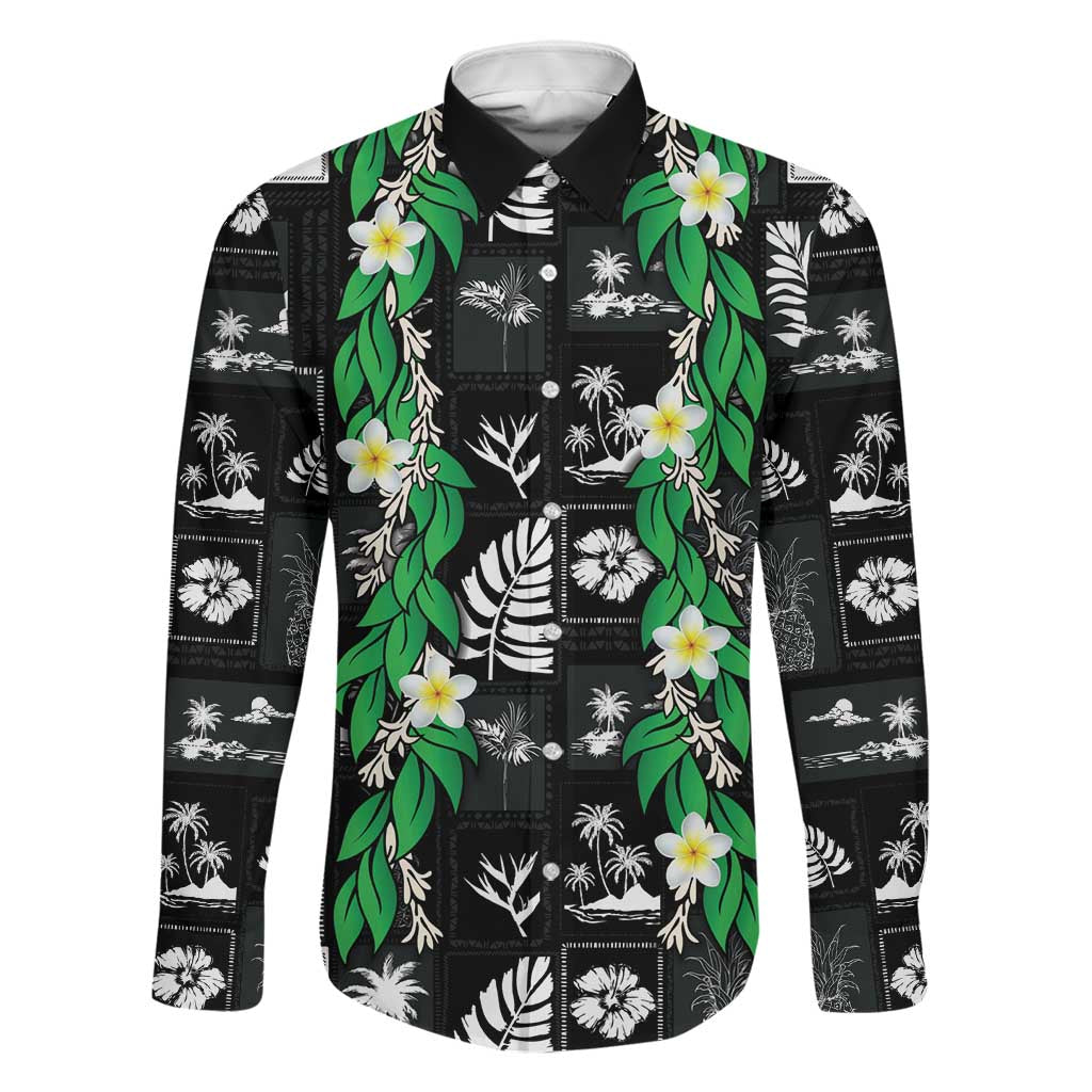Aloha Hawaii Tuberose Lei Family Matching Off Shoulder Maxi Dress and Hawaiian Shirt Tropical Vibes Black Color LT14 Dad's Shirt - Long Sleeve Black - Polynesian Pride