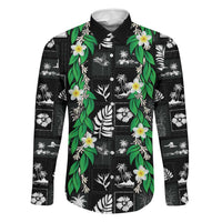 Aloha Hawaii Tuberose Lei Family Matching Off Shoulder Maxi Dress and Hawaiian Shirt Tropical Vibes Black Color LT14 Dad's Shirt - Long Sleeve Black - Polynesian Pride