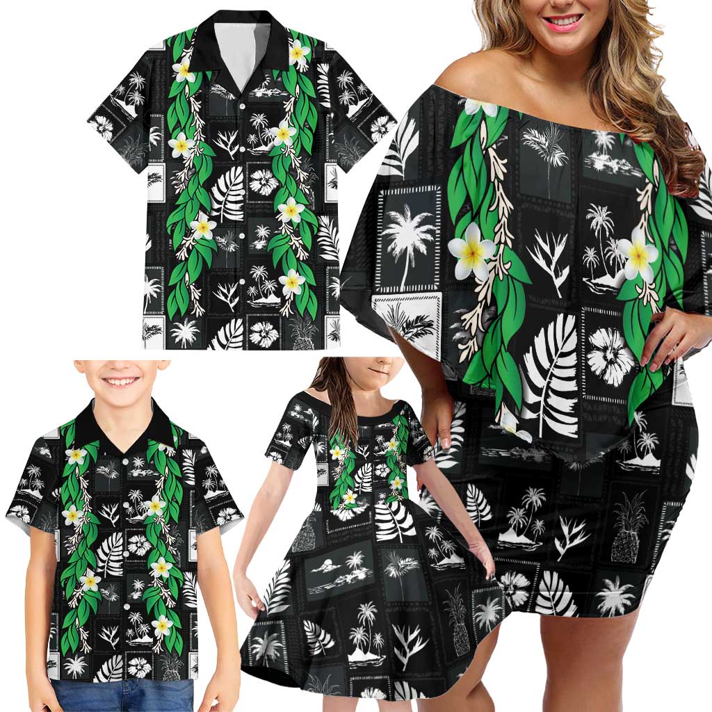 Aloha Hawaii Tuberose Lei Family Matching Off Shoulder Short Dress and Hawaiian Shirt Tropical Vibes Black Color LT14 - Polynesian Pride