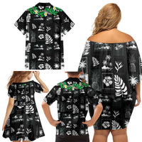 Aloha Hawaii Tuberose Lei Family Matching Off Shoulder Short Dress and Hawaiian Shirt Tropical Vibes Black Color LT14 - Polynesian Pride