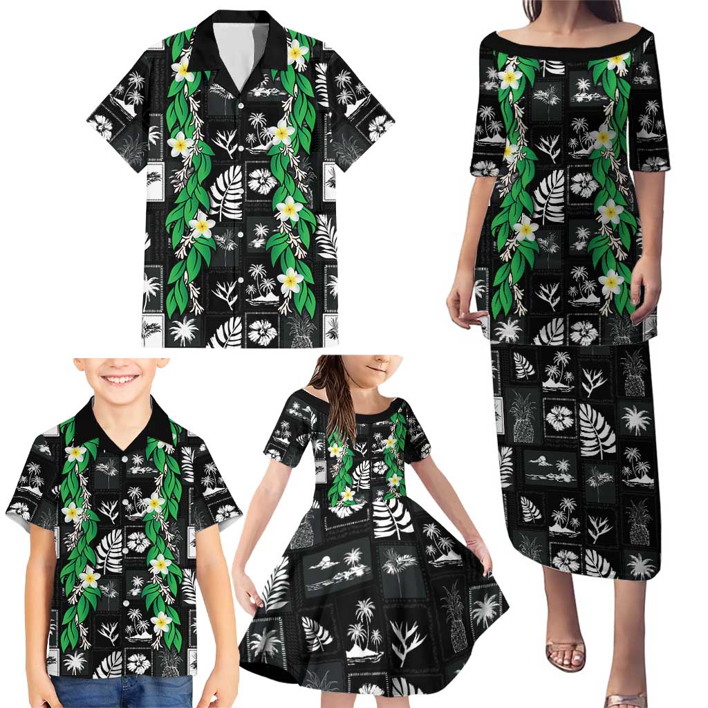 Aloha Hawaii Tuberose Lei Family Matching Puletasi and Hawaiian Shirt Tropical Vibes Black Color - Polynesian Pride