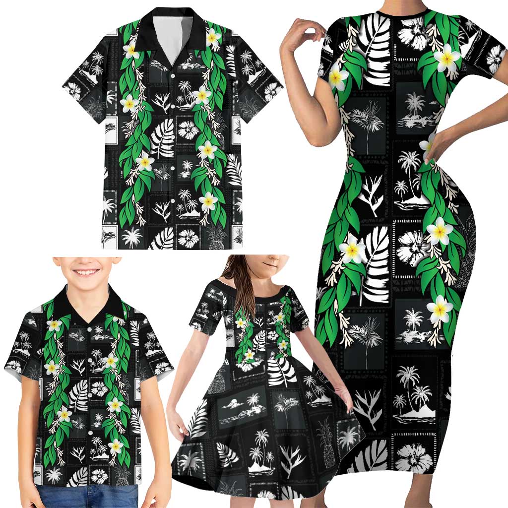 Aloha Hawaii Tuberose Lei Family Matching Short Sleeve Bodycon Dress and Hawaiian Shirt Tropical Vibes Black Color LT14 - Polynesian Pride