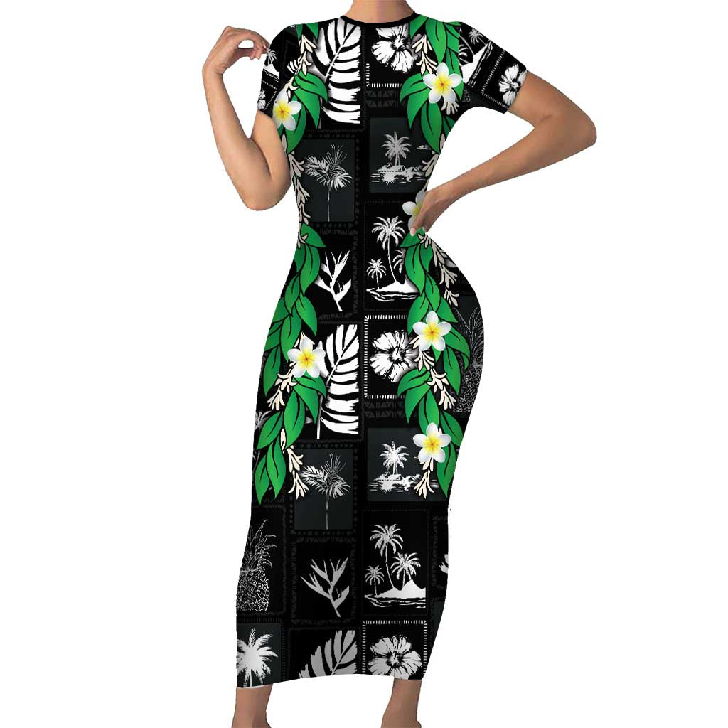 Aloha Hawaii Tuberose Lei Family Matching Short Sleeve Bodycon Dress and Hawaiian Shirt Tropical Vibes Black Color LT14 Black - Polynesian Pride