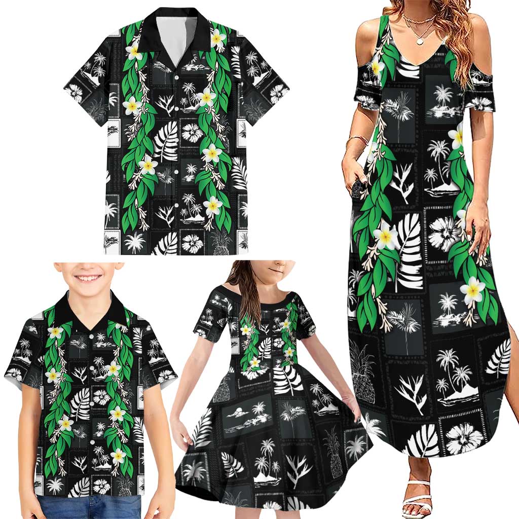 Aloha Hawaii Tuberose Lei Family Matching Summer Maxi Dress and Hawaiian Shirt Tropical Vibes Black Color LT14 - Polynesian Pride