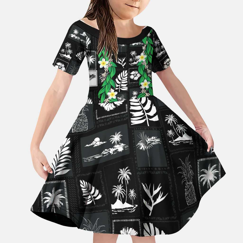Aloha Hawaii Tuberose Lei Family Matching Tank Maxi Dress and Hawaiian Shirt Tropical Vibes Black Color LT14 Daughter's Dress Black - Polynesian Pride