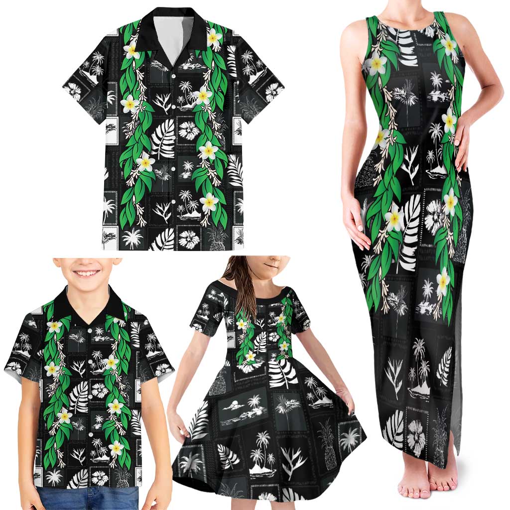 Aloha Hawaii Tuberose Lei Family Matching Tank Maxi Dress and Hawaiian Shirt Tropical Vibes Black Color LT14 - Polynesian Pride