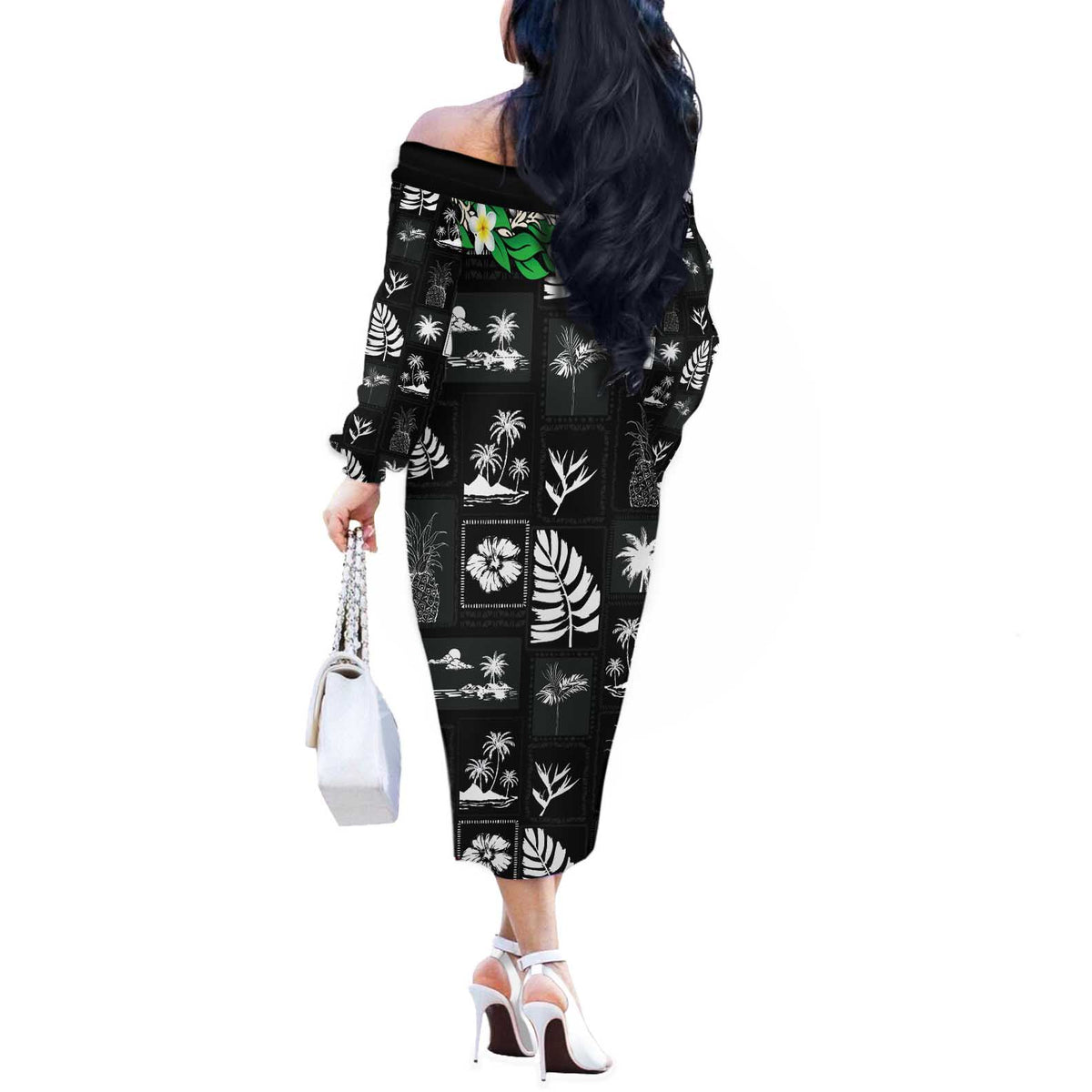 Aloha Hawaii Tuberose Lei Off The Shoulder Long Sleeve Dress Tropical Vibes Black Color - Polynesian Pride
