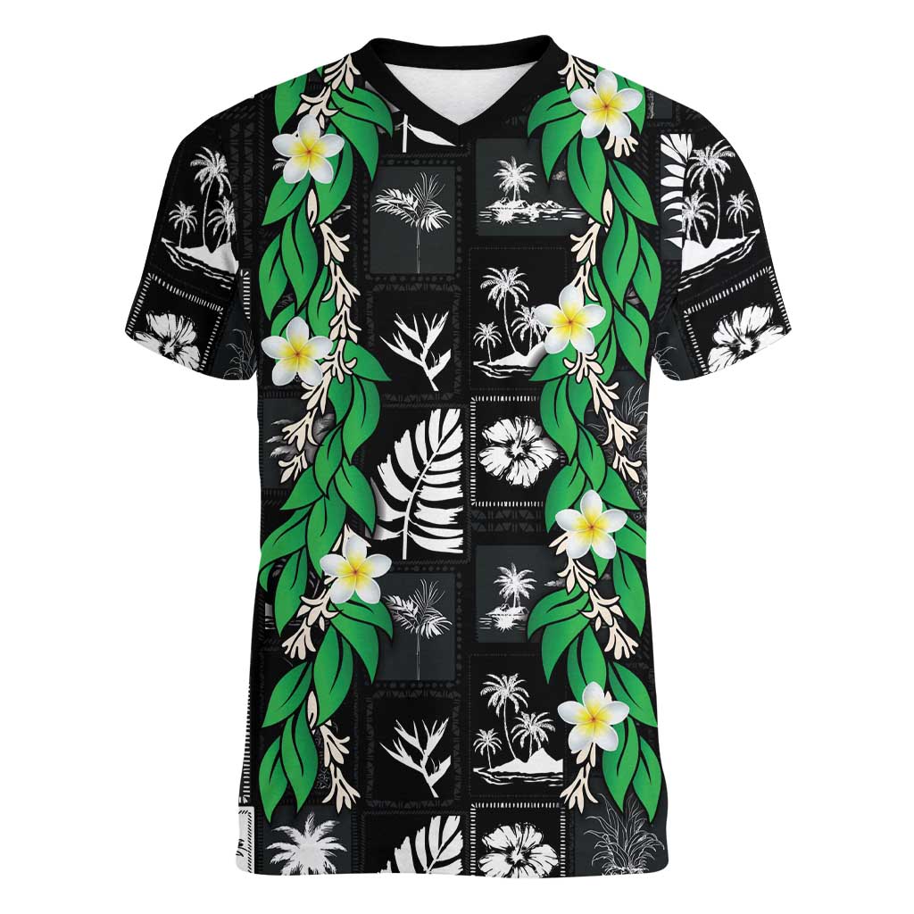 Aloha Hawaii Tuberose Lei Women V-Neck T-Shirt Tropical Vibes Black Color - Polynesian Pride