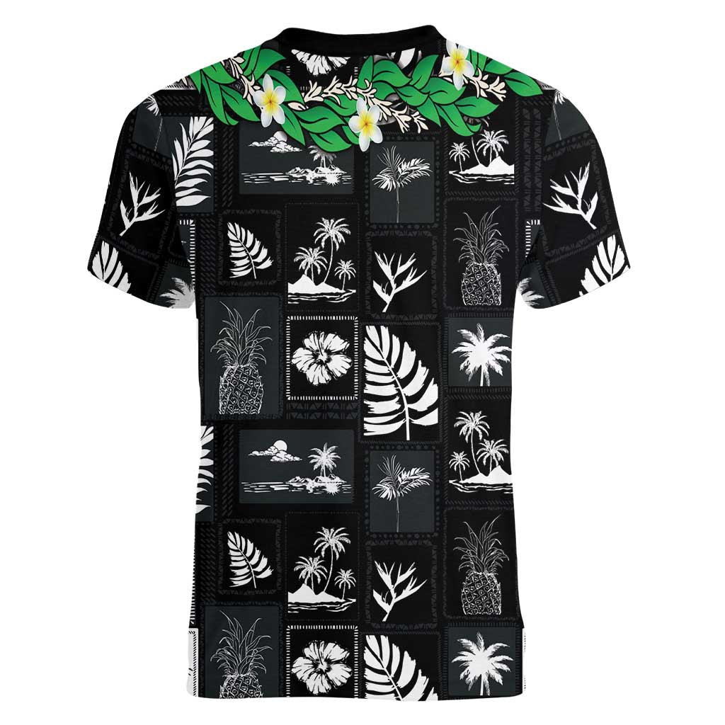 Aloha Hawaii Tuberose Lei Women V-Neck T-Shirt Tropical Vibes Black Color - Polynesian Pride
