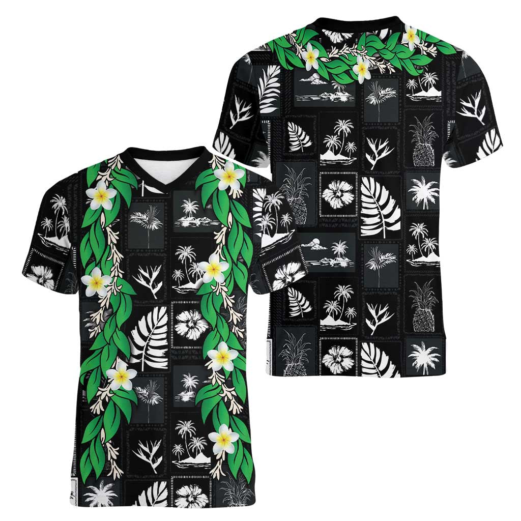Aloha Hawaii Tuberose Lei Women V-Neck T-Shirt Tropical Vibes Black Color - Polynesian Pride