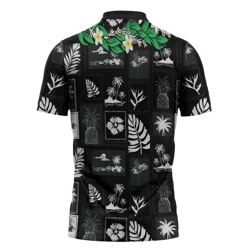 Aloha Hawaii Tuberose Lei Zipper Polo Shirt Tropical Vibes Black Color - Polynesian Pride