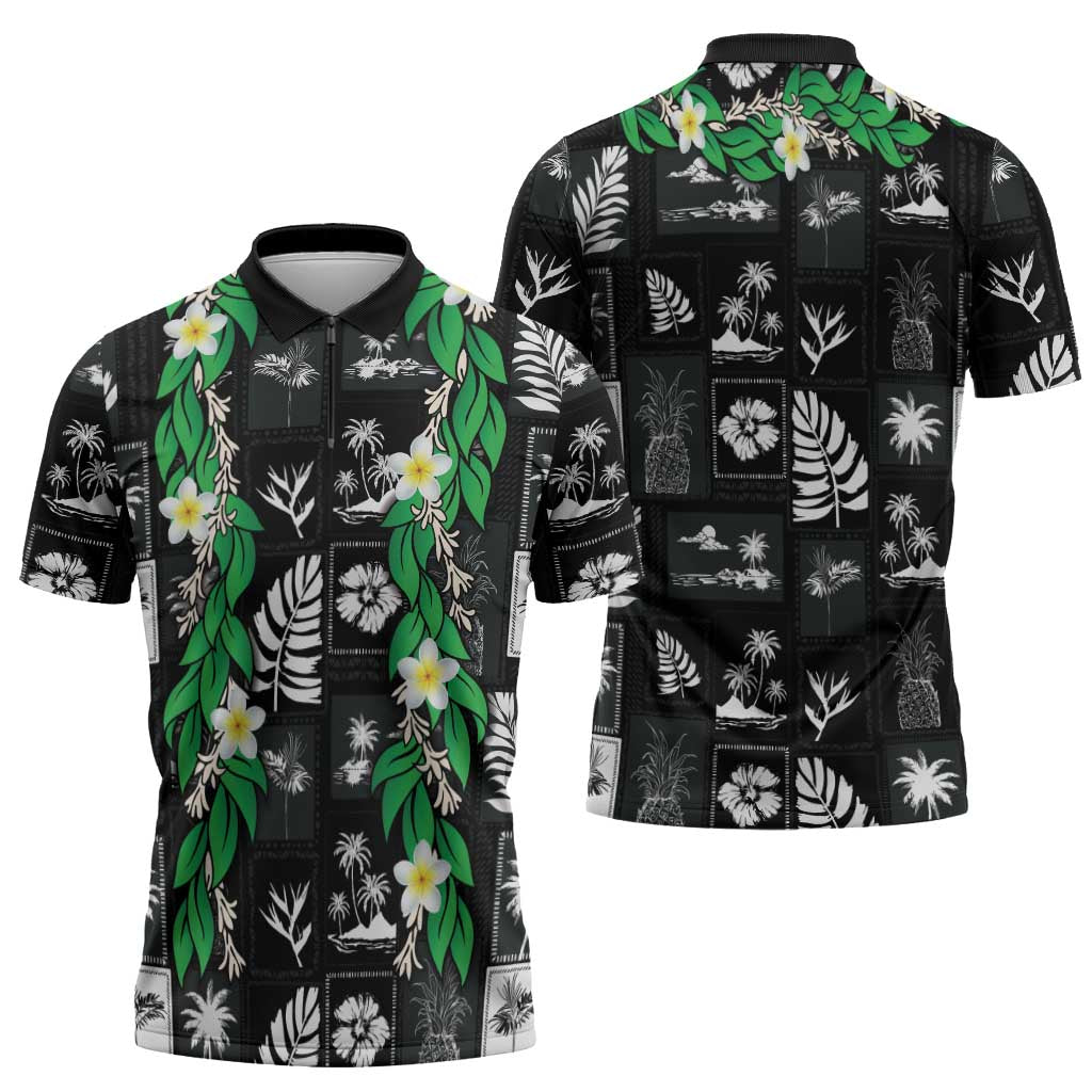 Aloha Hawaii Tuberose Lei Zipper Polo Shirt Tropical Vibes Black Color - Polynesian Pride