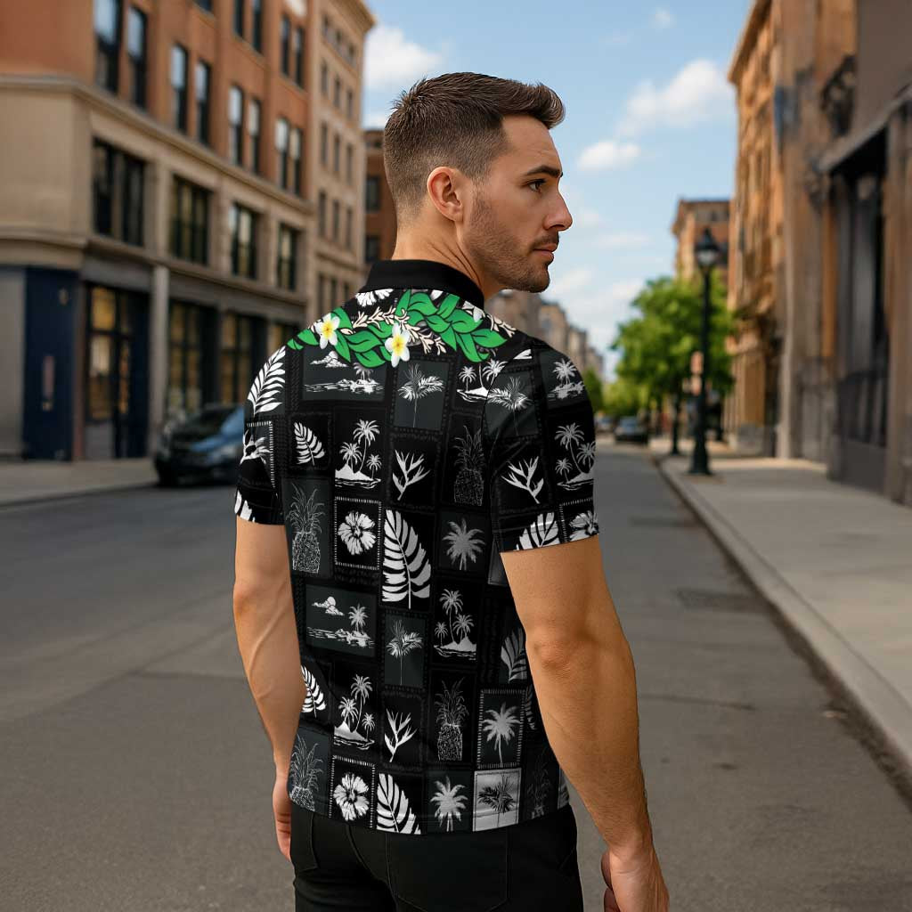 Aloha Hawaii Tuberose Lei Zipper Polo Shirt Tropical Vibes Black Color - Polynesian Pride