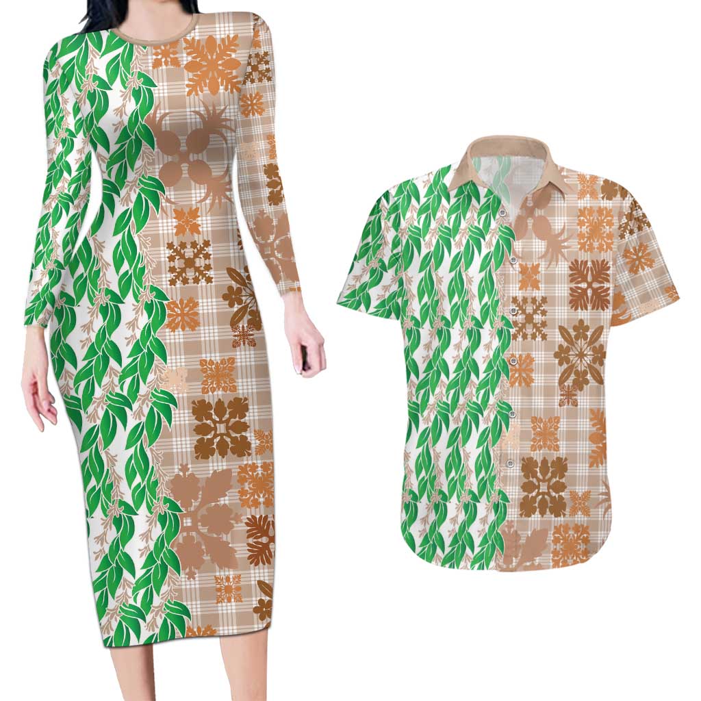 Aloha Hawaii Palaka Tuberose Lei Couples Matching Long Sleeve Bodycon Dress and Hawaiian Shirt Hawaiian Quilt Seamless Style - Polynesian Pride
