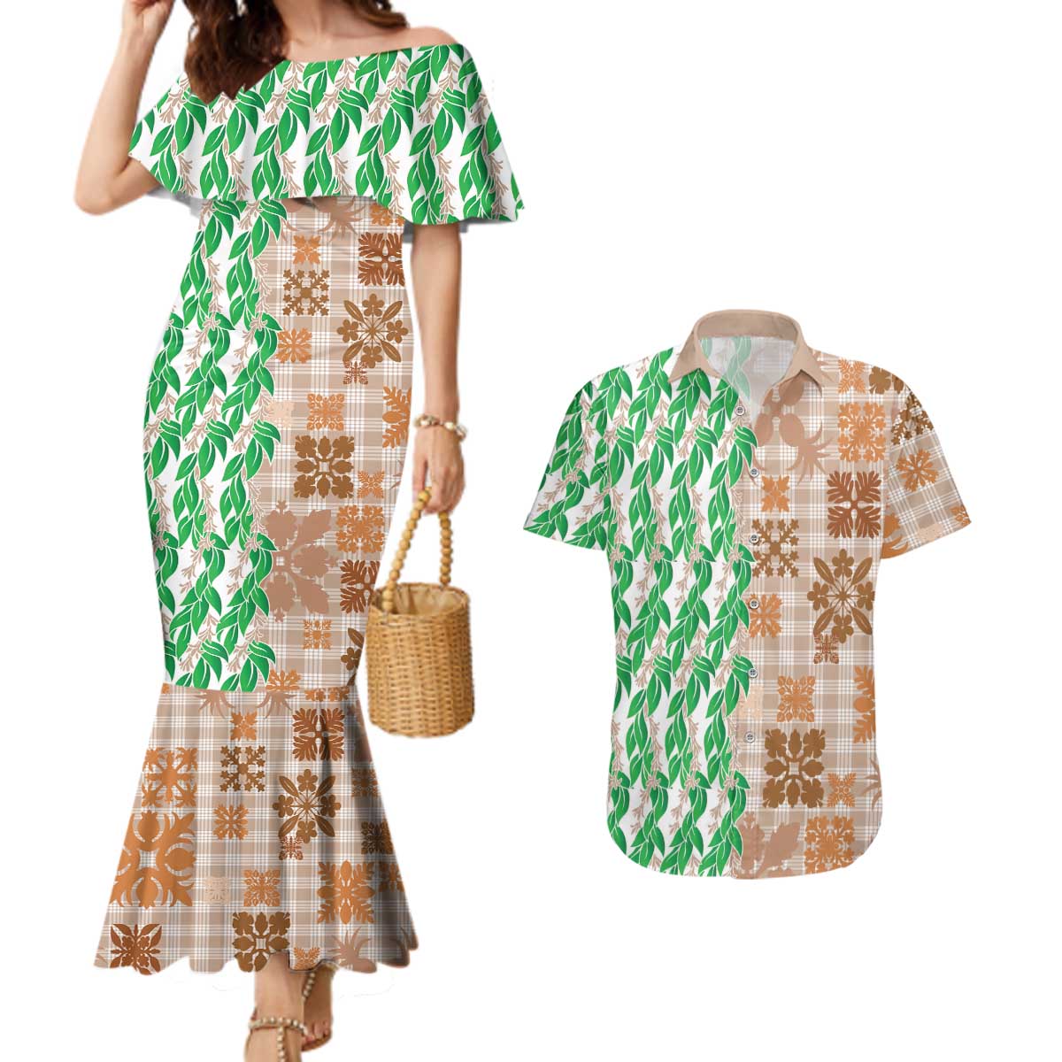 Aloha Hawaii Palaka Tuberose Lei Couples Matching Mermaid Dress and Hawaiian Shirt Hawaiian Quilt Seamless Style LT14 Beige - Polynesian Pride