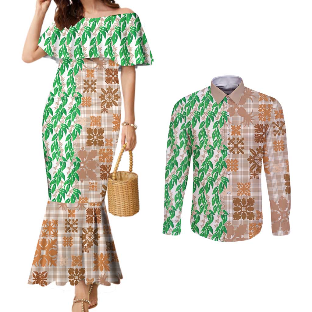 Aloha Hawaii Palaka Tuberose Lei Couples Matching Mermaid Dress and Long Sleeve Button Shirt Hawaiian Quilt Seamless Style - Polynesian Pride