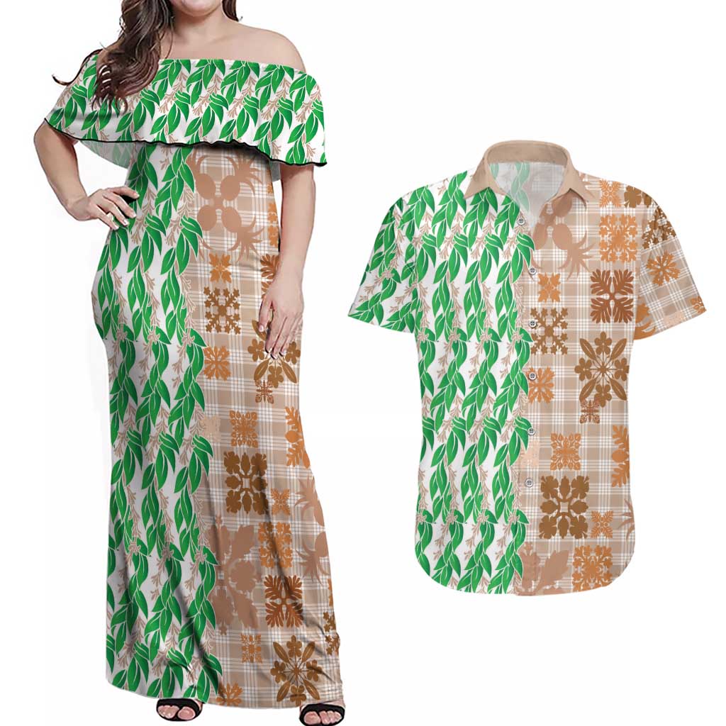 Aloha Hawaii Palaka Tuberose Lei Couples Matching Off Shoulder Maxi Dress and Hawaiian Shirt Hawaiian Quilt Seamless Style - Polynesian Pride