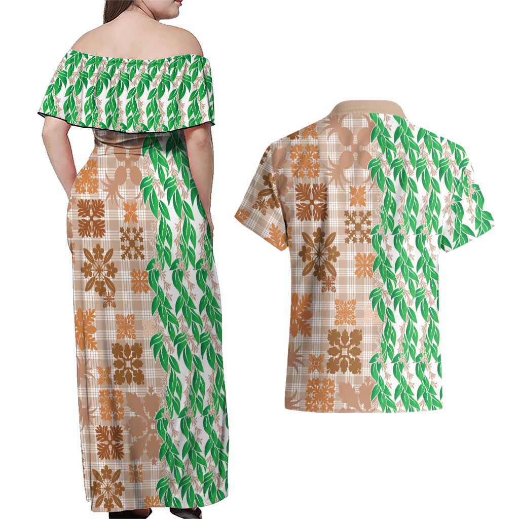 Aloha Hawaii Palaka Tuberose Lei Couples Matching Off Shoulder Maxi Dress and Hawaiian Shirt Hawaiian Quilt Seamless Style - Polynesian Pride
