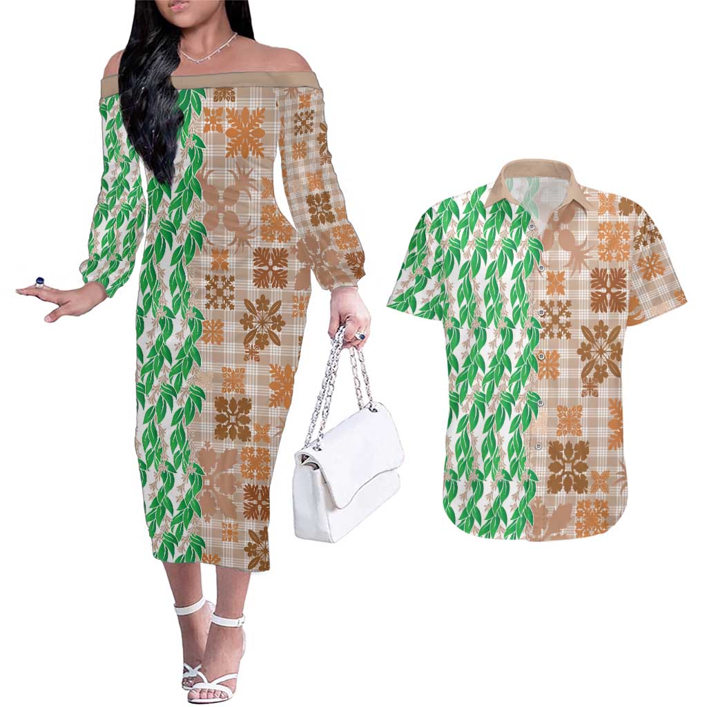 Aloha Hawaii Palaka Tuberose Lei Couples Matching Off The Shoulder Long Sleeve Dress and Hawaiian Shirt Hawaiian Quilt Seamless Style - Polynesian Pride