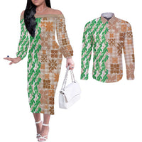 Aloha Hawaii Palaka Tuberose Lei Couples Matching Off The Shoulder Long Sleeve Dress and Long Sleeve Button Shirt Hawaiian Quilt Seamless Style - Polynesian Pride