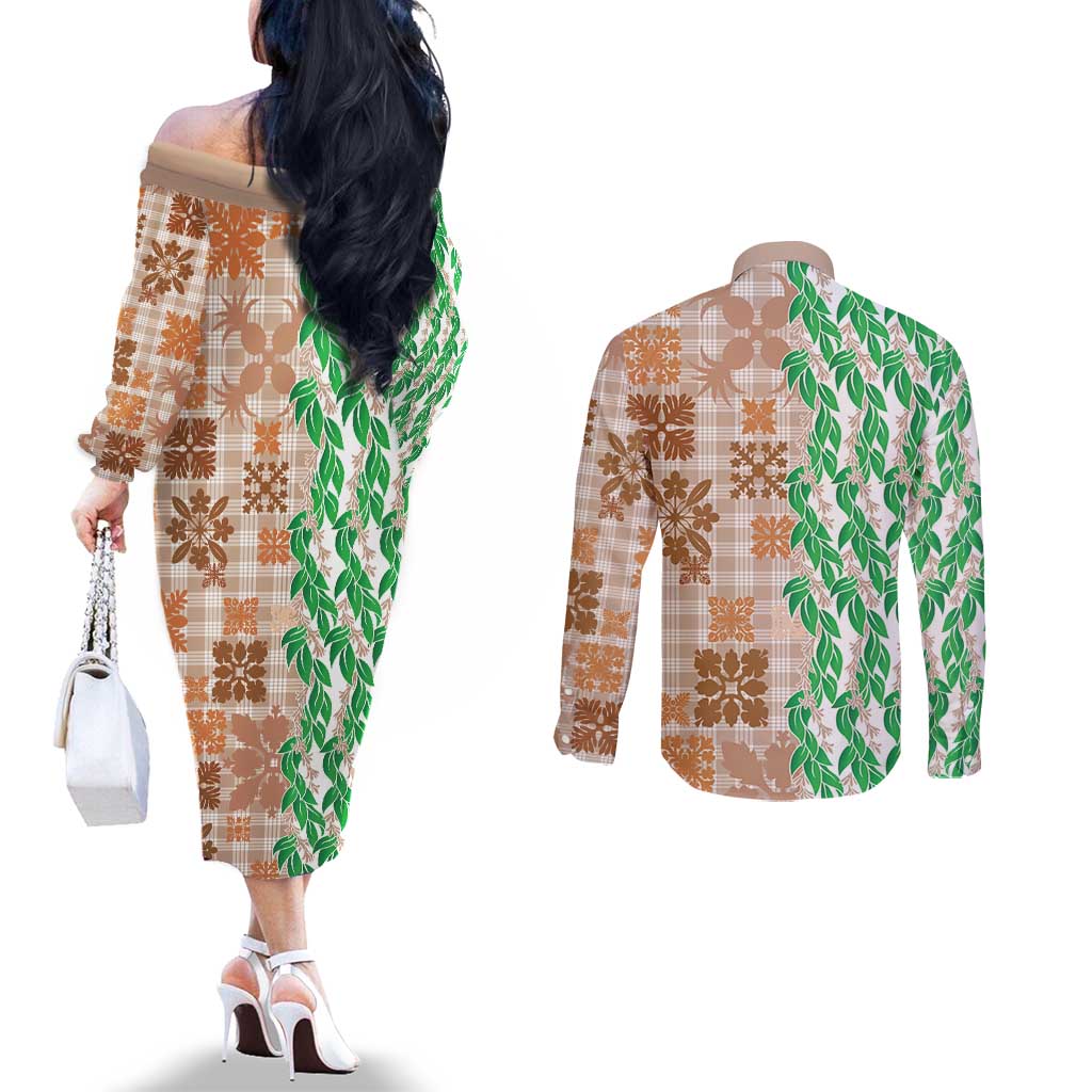 Aloha Hawaii Palaka Tuberose Lei Couples Matching Off The Shoulder Long Sleeve Dress and Long Sleeve Button Shirt Hawaiian Quilt Seamless Style - Polynesian Pride