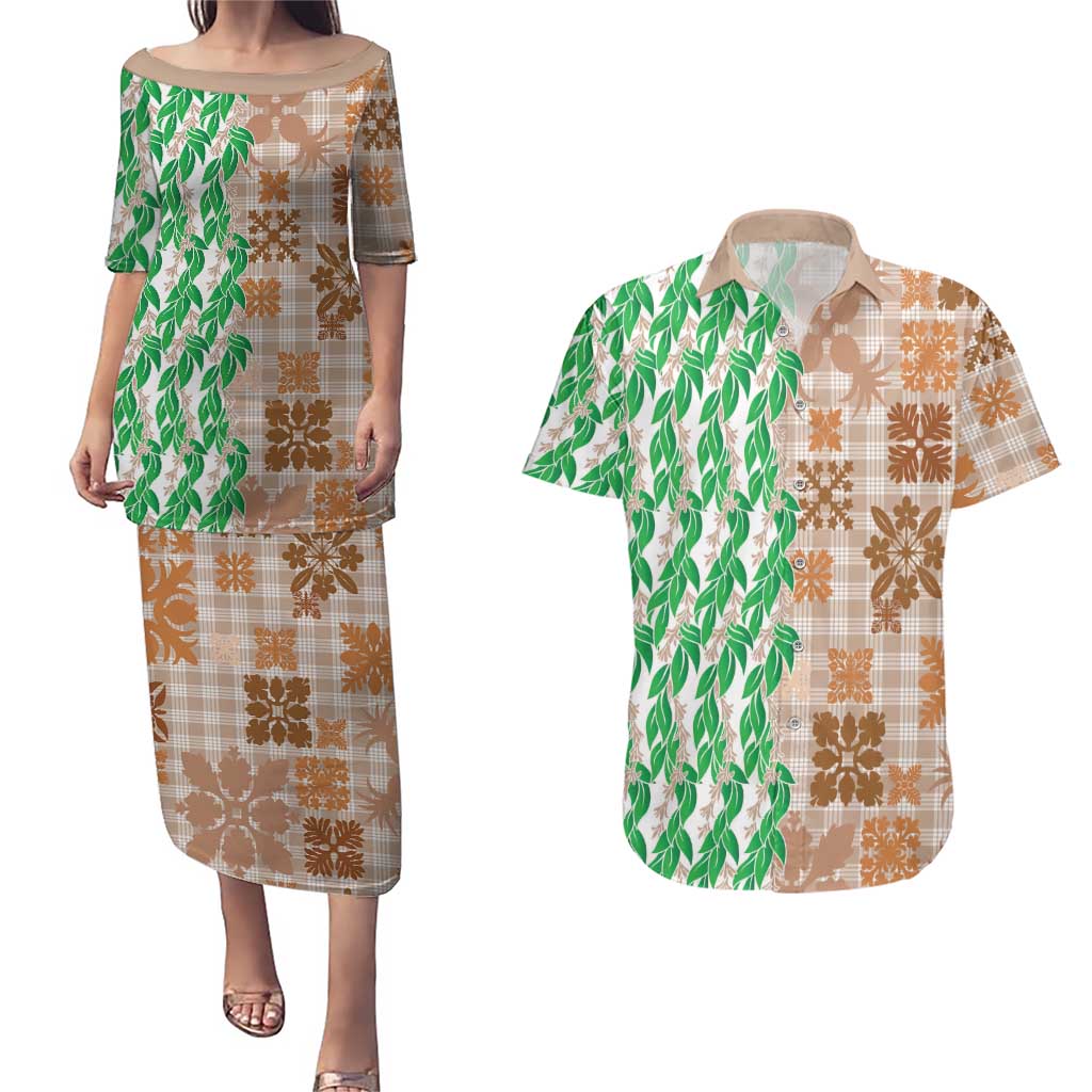 Aloha Hawaii Palaka Tuberose Lei Couples Matching Puletasi and Hawaiian Shirt Hawaiian Quilt Seamless Style - Polynesian Pride