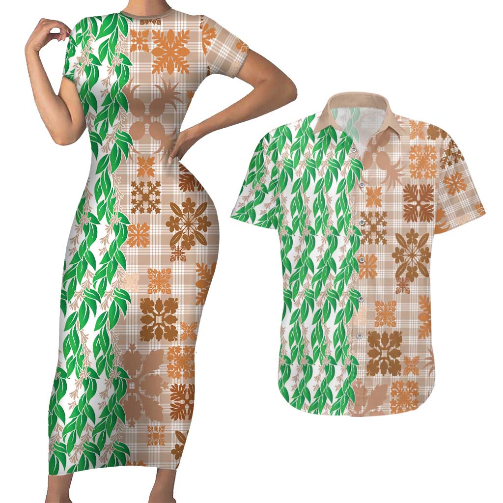 Aloha Hawaii Palaka Tuberose Lei Couples Matching Short Sleeve Bodycon Dress and Hawaiian Shirt Hawaiian Quilt Seamless Style LT14 Beige - Polynesian Pride