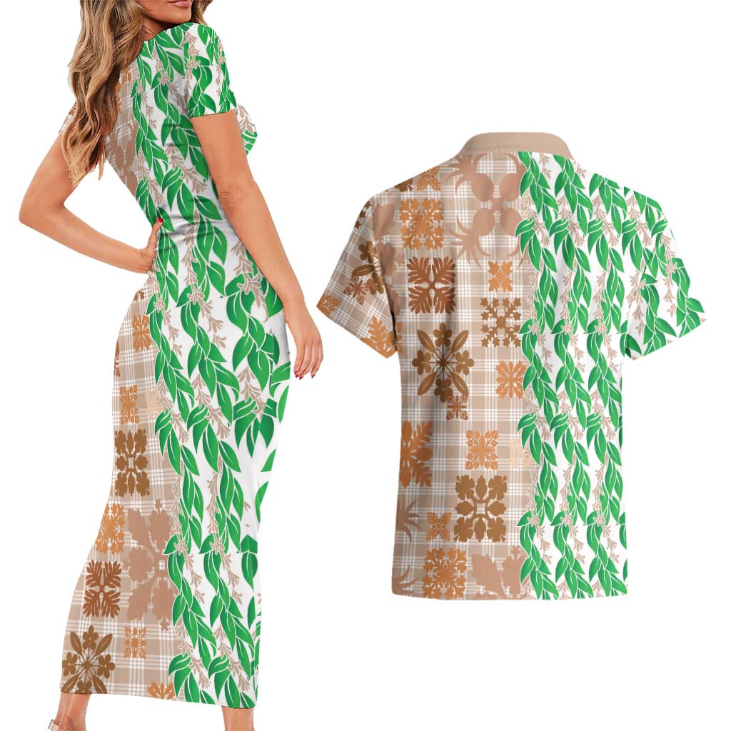 Aloha Hawaii Palaka Tuberose Lei Couples Matching Short Sleeve Bodycon Dress and Hawaiian Shirt Hawaiian Quilt Seamless Style LT14 - Polynesian Pride