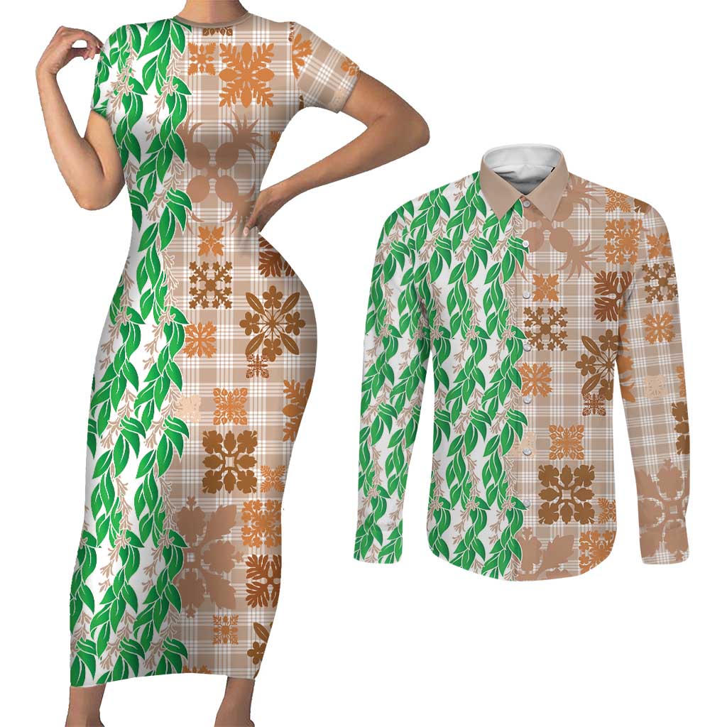 Aloha Hawaii Palaka Tuberose Lei Couples Matching Short Sleeve Bodycon Dress and Long Sleeve Button Shirt Hawaiian Quilt Seamless Style - Polynesian Pride