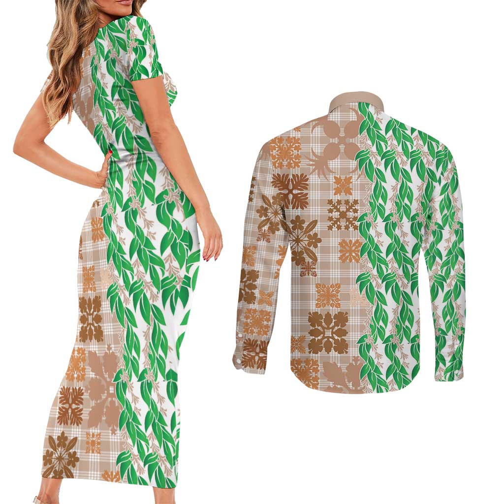 Aloha Hawaii Palaka Tuberose Lei Couples Matching Short Sleeve Bodycon Dress and Long Sleeve Button Shirt Hawaiian Quilt Seamless Style - Polynesian Pride
