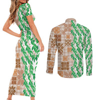 Aloha Hawaii Palaka Tuberose Lei Couples Matching Short Sleeve Bodycon Dress and Long Sleeve Button Shirt Hawaiian Quilt Seamless Style - Polynesian Pride