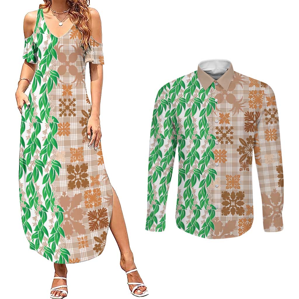 Aloha Hawaii Palaka Tuberose Lei Couples Matching Summer Maxi Dress and Long Sleeve Button Shirt Hawaiian Quilt Seamless Style - Polynesian Pride