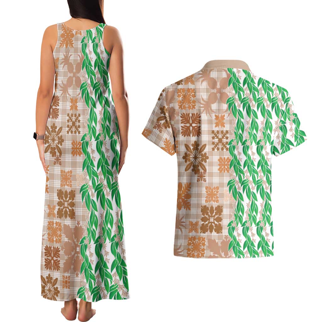 Aloha Hawaii Palaka Tuberose Lei Couples Matching Tank Maxi Dress and Hawaiian Shirt Hawaiian Quilt Seamless Style - Polynesian Pride