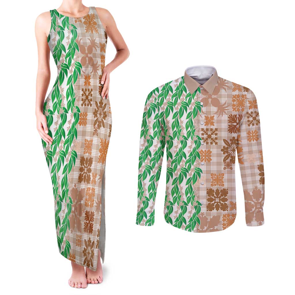 Aloha Hawaii Palaka Tuberose Lei Couples Matching Tank Maxi Dress and Long Sleeve Button Shirt Hawaiian Quilt Seamless Style - Polynesian Pride
