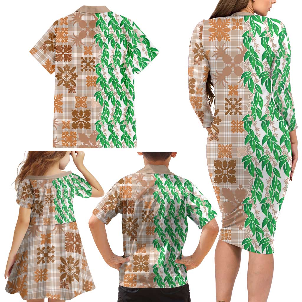 Aloha Hawaii Palaka Tuberose Lei Family Matching Long Sleeve Bodycon Dress and Hawaiian Shirt Hawaiian Quilt Seamless Style LT14 - Polynesian Pride