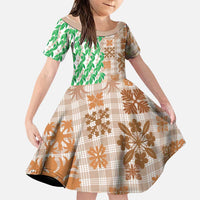 Aloha Hawaii Palaka Tuberose Lei Family Matching Off The Shoulder Long Sleeve Dress and Hawaiian Shirt Hawaiian Quilt Seamless Style LT14 Daughter's Dress Beige - Polynesian Pride