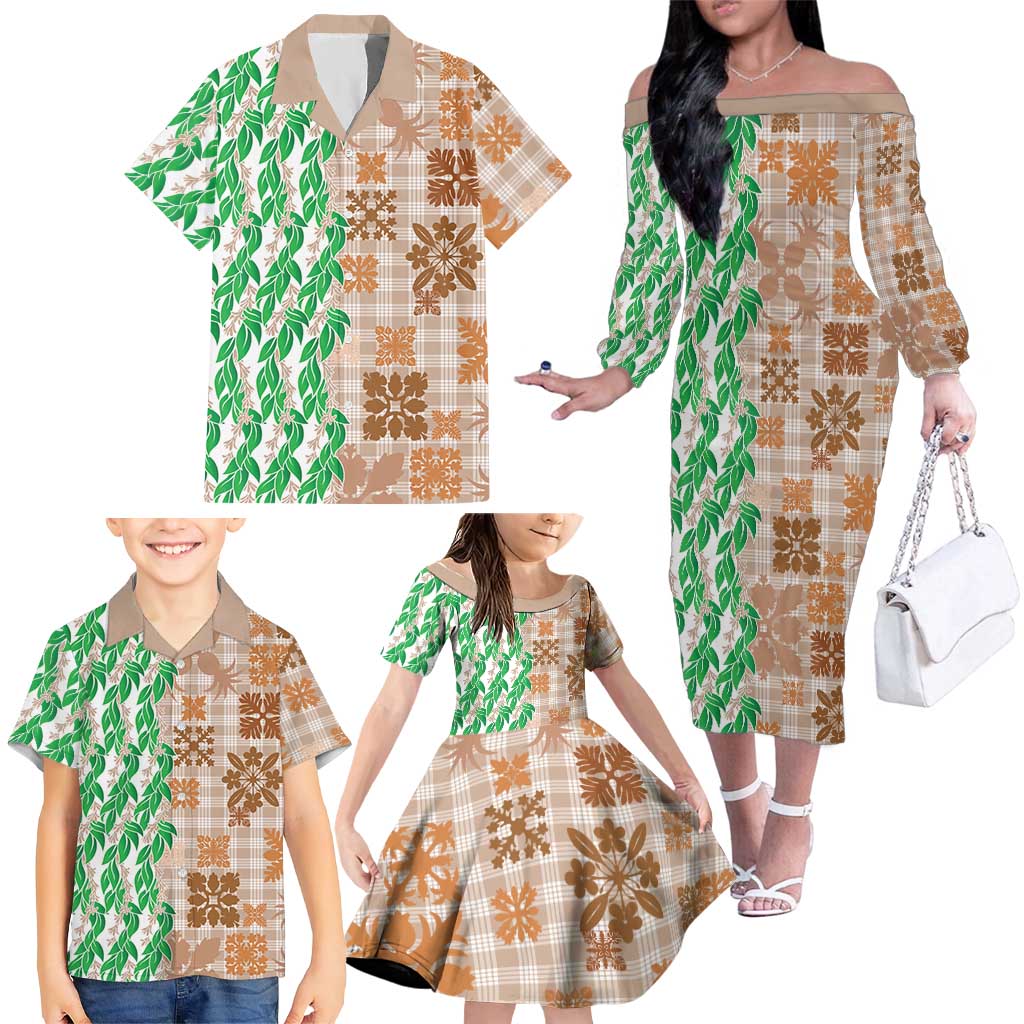 Aloha Hawaii Palaka Tuberose Lei Family Matching Off The Shoulder Long Sleeve Dress and Hawaiian Shirt Hawaiian Quilt Seamless Style - Polynesian Pride