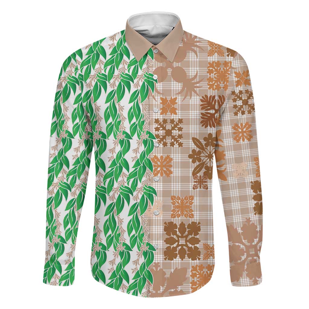 Aloha Hawaii Palaka Tuberose Lei Family Matching Off The Shoulder Long Sleeve Dress and Hawaiian Shirt Hawaiian Quilt Seamless Style LT14 Dad's Shirt - Long Sleeve Beige - Polynesian Pride