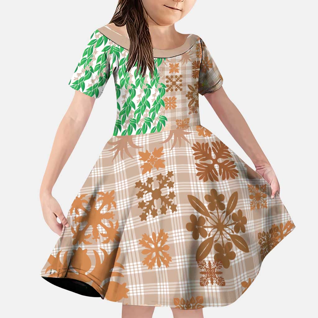 Aloha Hawaii Palaka Tuberose Lei Family Matching Off Shoulder Maxi Dress and Hawaiian Shirt Hawaiian Quilt Seamless Style LT14 Daughter's Dress Beige - Polynesian Pride